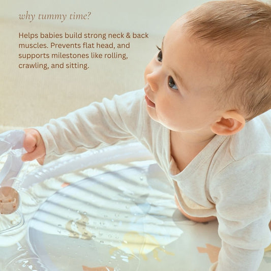 Baby sitting on a white cushion with text about tummy time benefits.