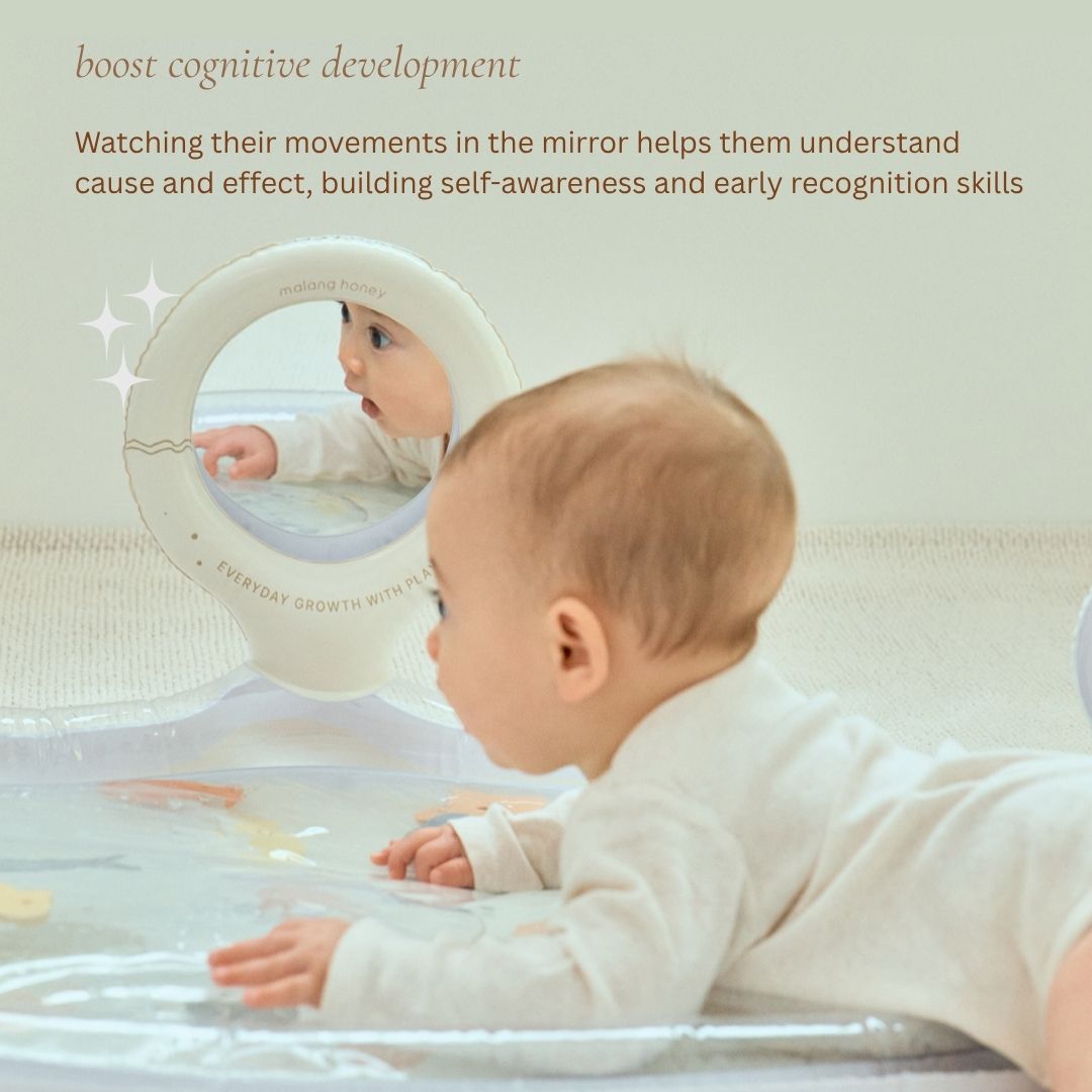 Baby looking at a mirror with text about cognitive development
