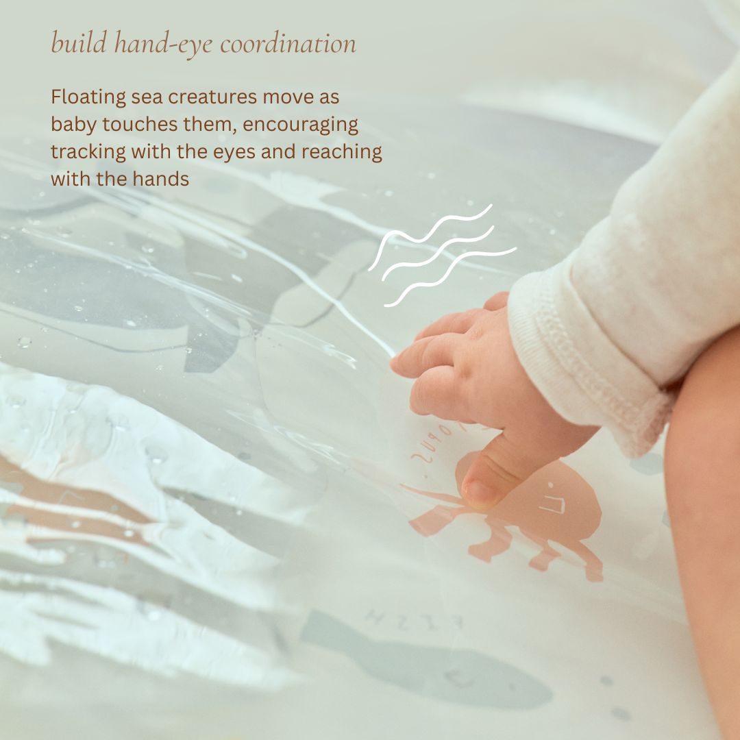 Baby's hand reaching into a water play area with text about building hand-eye coordination.