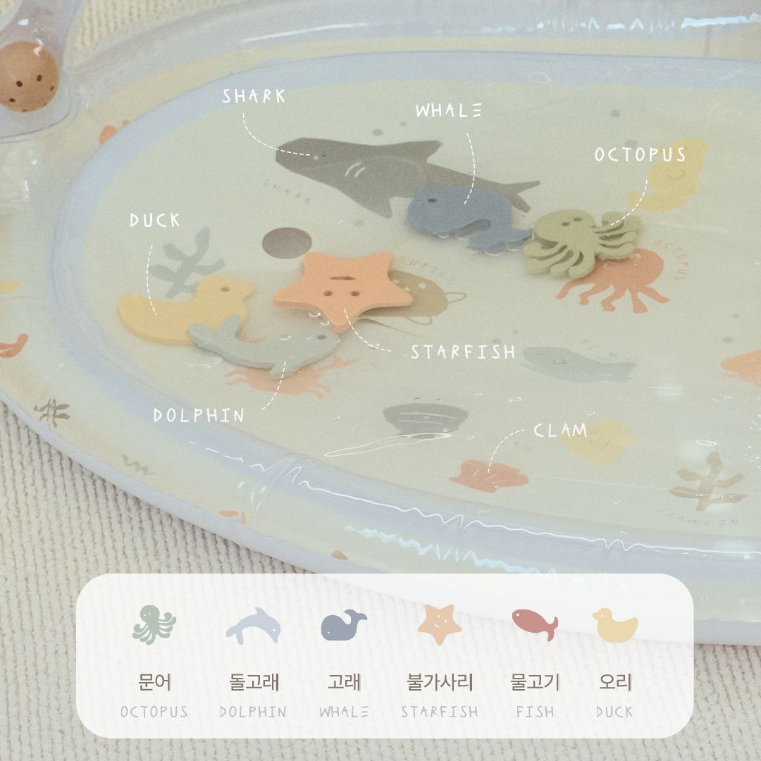 Placemat with cartoon sea creatures and labels on a textured surface