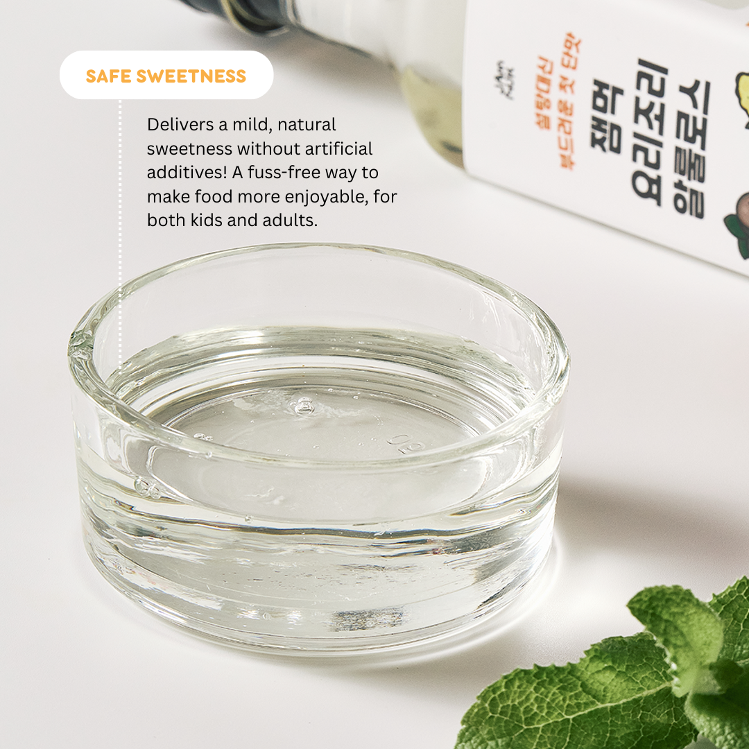 Clear glass container with a product and text about safe sweetness on a white background