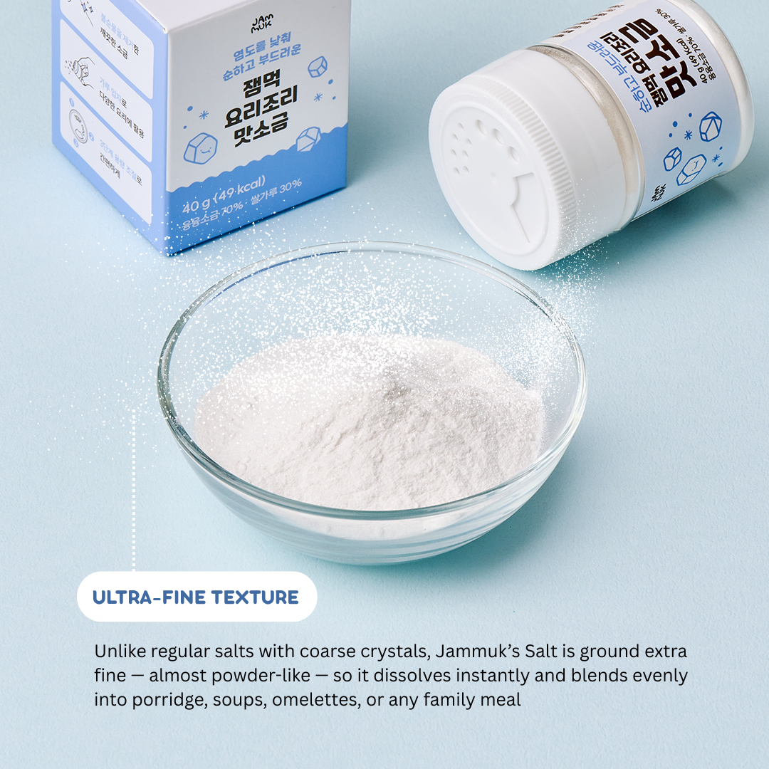 Jammuk salt packaging with a bowl of dissolved salt on a light blue background
