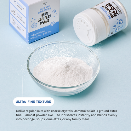 Jammuk salt packaging with a bowl of dissolved salt on a light blue background