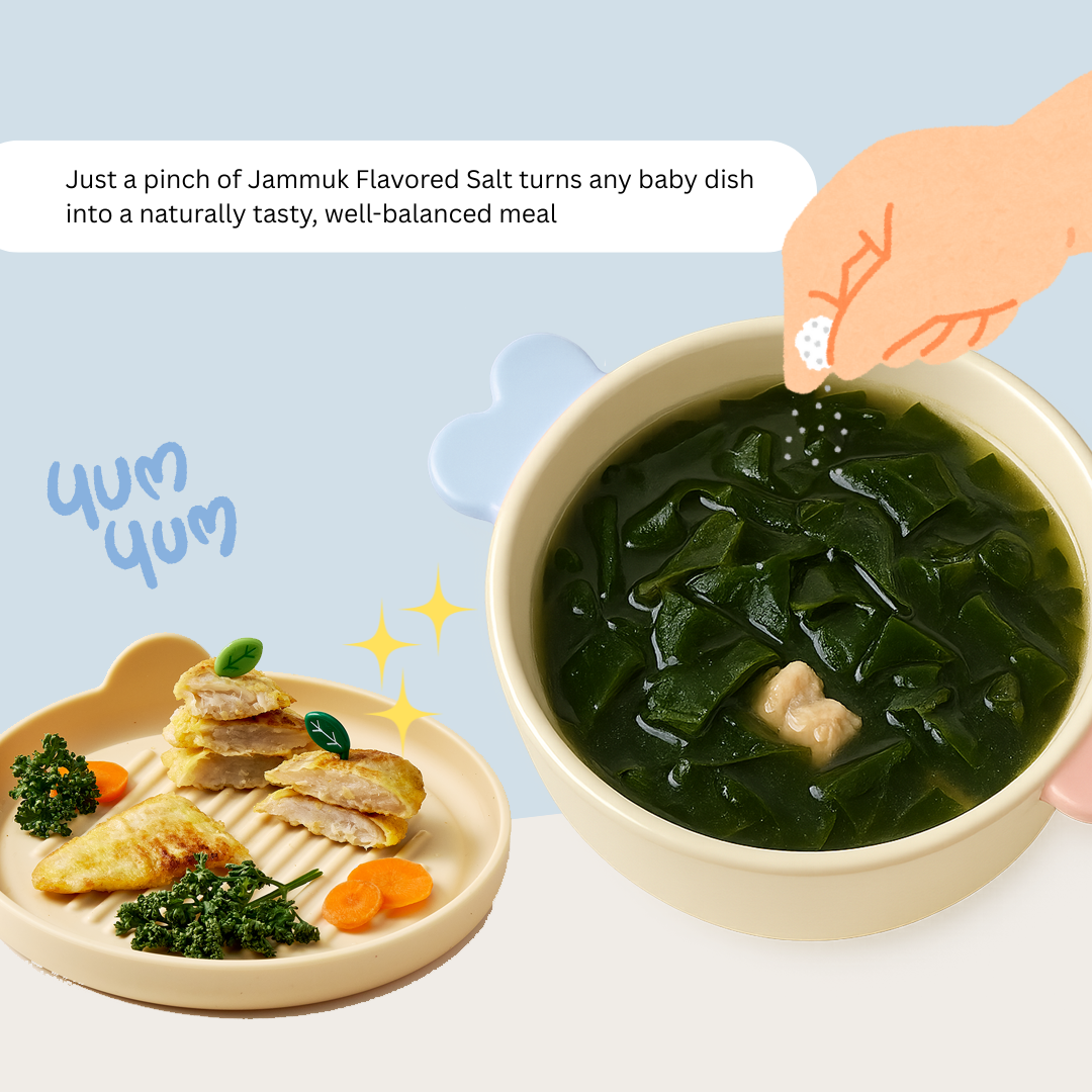 Hand sprinkling Jammuk Flavored Salt into a bowl of green soup with text about its effect on baby food.