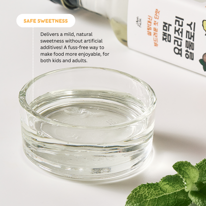 Clear glass container with a product and text about safe sweetness on a white background