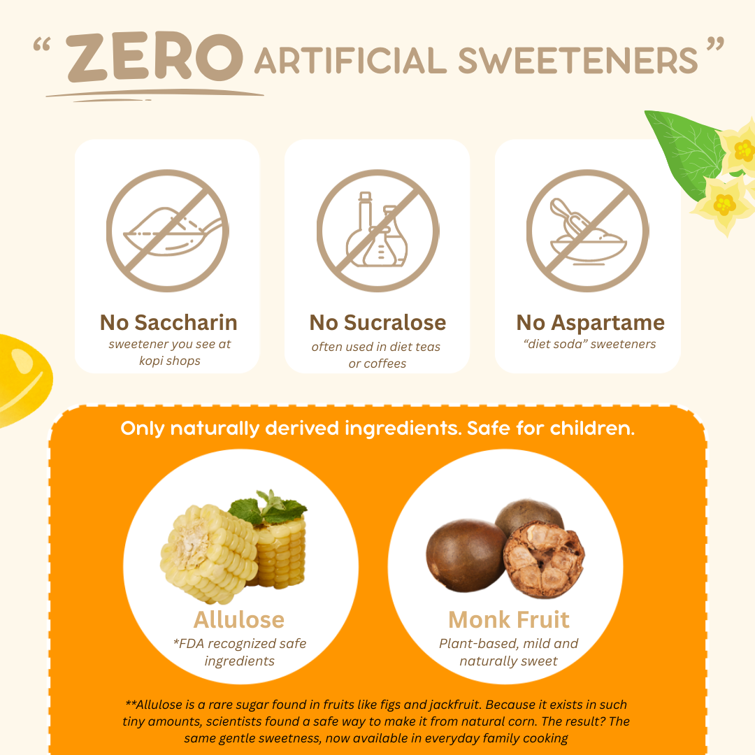 Product label emphasizing zero artificial sweeteners with natural ingredients like allulose and monk fruit.