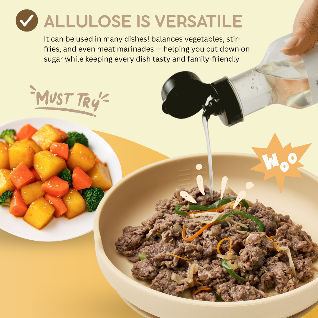 Bowl of food with a bottle pouring liquid, surrounded by text about allulose's versatility.