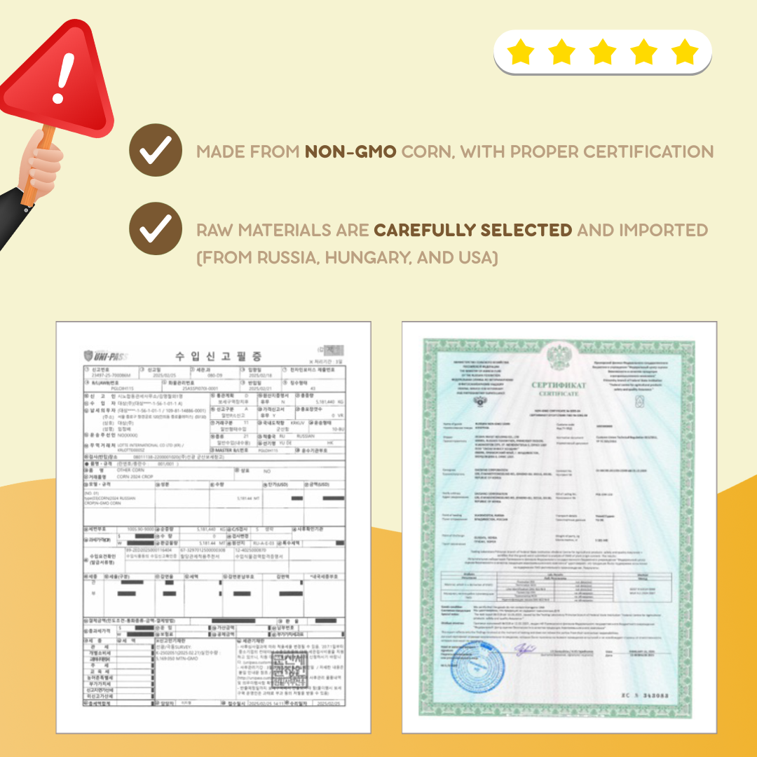 Certifications and documents on a yellow background with a warning sign and certification icons.
